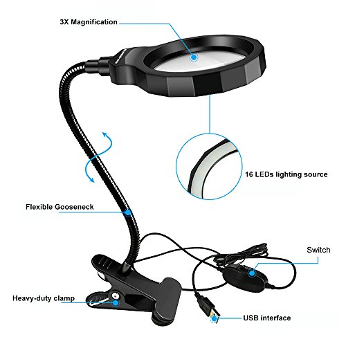 Number-One Magnifying Glass, 3X LED Lighted Magnifying Lamp USB Powered Clip On Optical Glass Magnifier Lens with 2 Light Settings & Metal Clamp for Reading, Hobby, Soldering, Crafts - Thumbnail 3