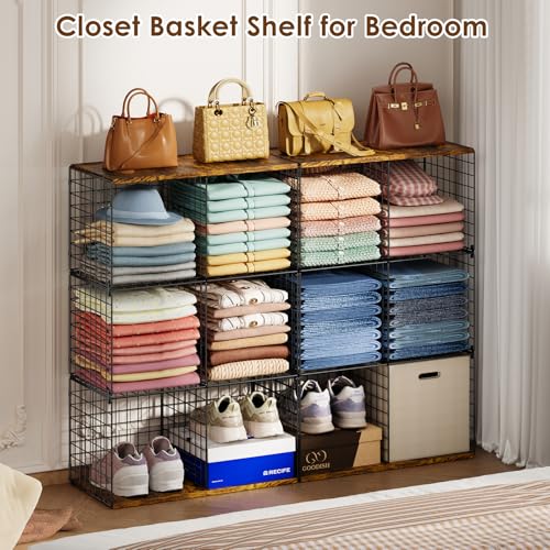Free-standing Sturdy Tall 6-Cube Closet Organizer Storage Wire Basket Shelf with Wood Top for Wardrobe Bedroom Closet, Stackable Space-saving Clothing Shelves for Clothes, Sweaters, Pants, Handbags — view 5