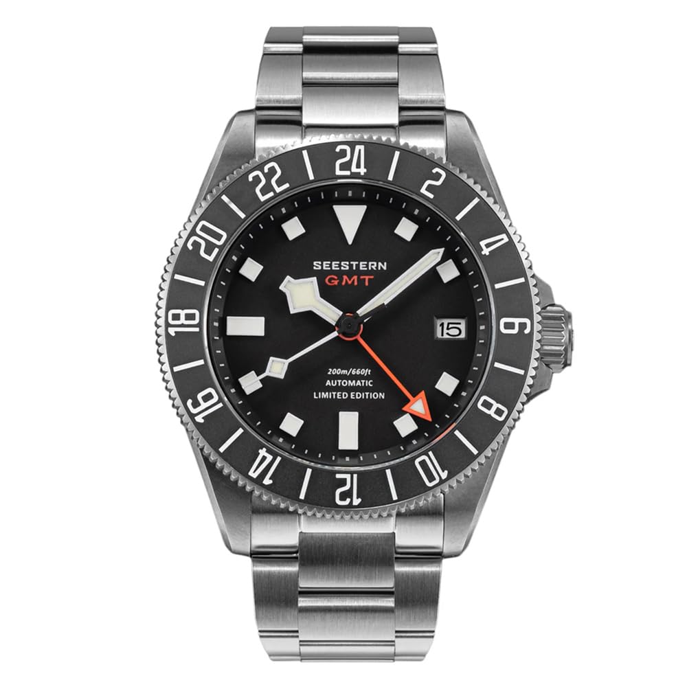 Seestern S462 Automatik Titan GMT Schwarz Datum Saphir 24h Herrenuhr, blau, Armband