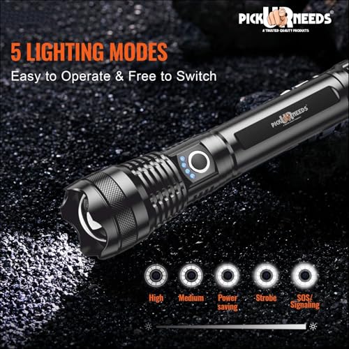 Image of Pick Ur Needs 150w High Power Rechargeable LED Flashlight Torch Zoomable Focus 5 Lighting Modes Type-C Fast Charging Long-Range Torch 4000mAH Battery for Outdoor, Camping & Emergency (Dark Black)