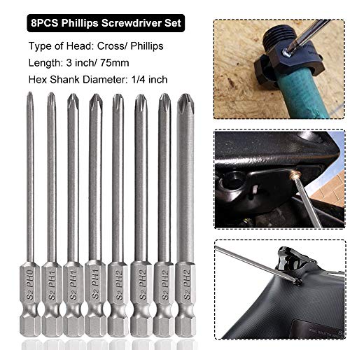 Image of Saiper 8pcs Magnetic Phillips Screwdriver Set Bits 75mm / 3-Inch Length | 1 /4 Inch Hex Shank Cross Head Screw Driver Bit S2 Steel PH0 /PH1 /PH2