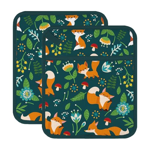 FREEBLOSS 2Pcs Fox Pattern Pot Holders for Kitchen Cotton Potholder Heat Resistant Pot Holders Sets Oven Hot Pads Hot Pot Holder for Cooking Baking