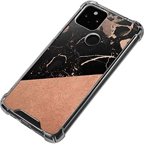 Skinit Clear Phone Case Compatible with Google Pixel 5 - Black and Rose Gold Marble Split Design