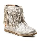  HERIXO Damen Schuhe Stiefel Schlupfstiefel Gold Silber Fransen Mokassin Ibiza Indianer Western-Style Boho Stiefeletten Glitzer Glitter Glanz Metallic (38 EU, Gold)