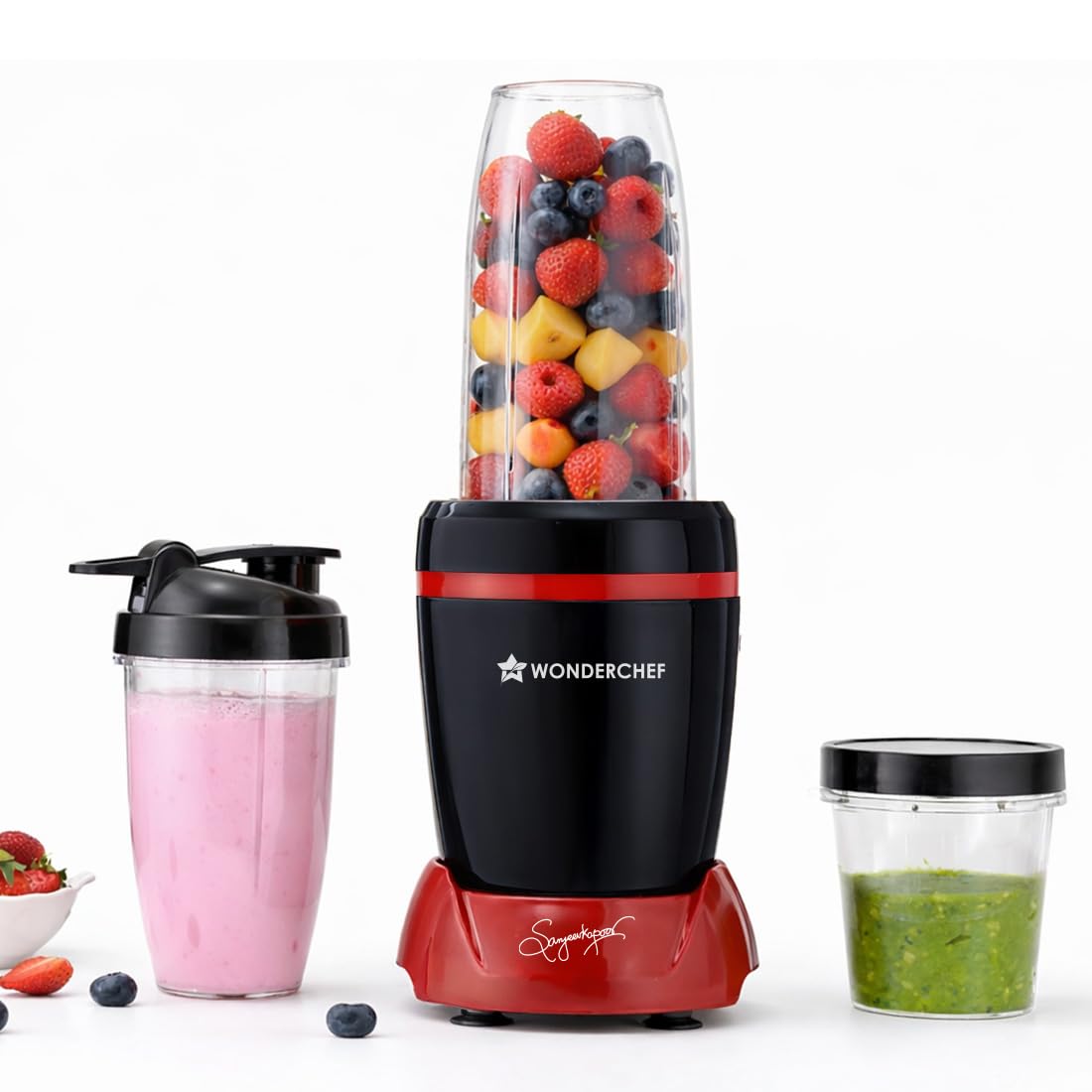 Wonderchef Nutri-Blend Turbo 750W Mixer Grinder Blender Smoothie Maker, 22000 RPM, 3 Jars, Stainless-Steel Blades, Sipper Jar & Lid, 2-Yr Warranty, FREE Recipe Book by Chef Sanjeev Kapoor, Black & Red