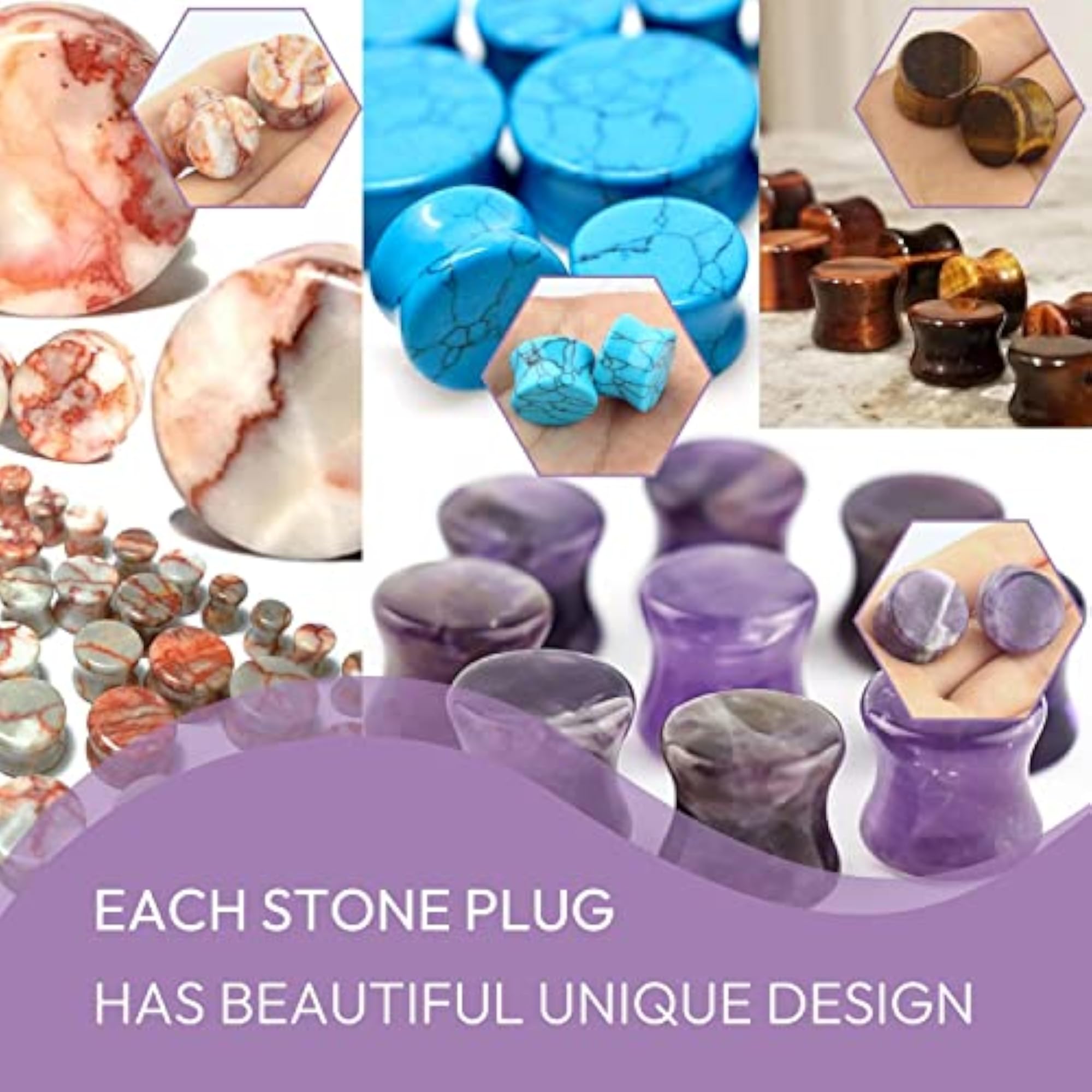 18PC Stone Ear Plugs, 2G Double Flare
