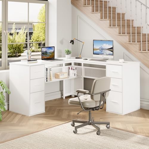 HSH White L Shaped Desk with Drawers Shelves, Large Home Office Corner Computer Desk with Storage File Cabinet, Modern Metal Wood Desk for Executive Writing Study Workstation, 59 Inch Bedroom Table - Thumbnail 3