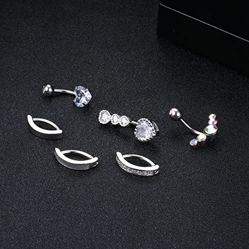 Fiasaso 6Pcs 14G Belly Button Ring For Women 316L Surgical Steel Cz Opal Belly Rings Simple Reverse Navel Rings Body Jewelry Clicker Belly Button Ring Silver #TOP3