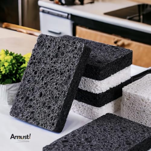 Image of Amust Cellulose Sponges for Kitchen, Bathroom, Compressed, Pop Up, Natural (Black & White)