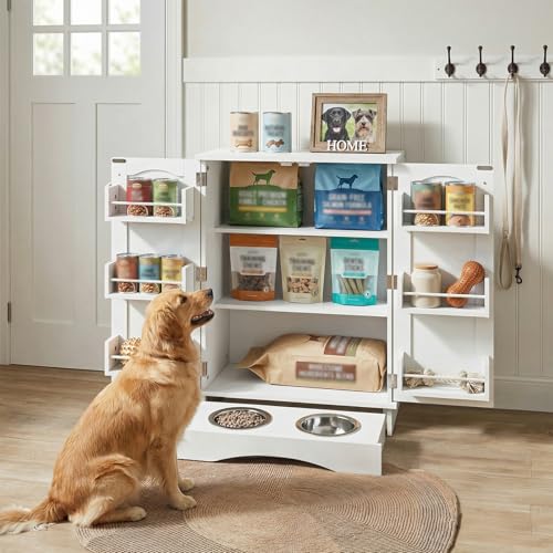 NEWOWNDS Dog Feeding Station with Storage 32 H Pet Food Storage Cabinet with Adjustable Shelves 2 Elevated Bowls Hooks & Letter Stickers Hidden Dog Feeder Station Organizer for Cats and Dogs White