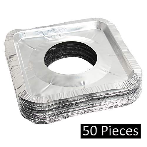 Moacock 50 Pack Aluminum Foil Square Stove Burner Covers Disposable Heavy Thick Quality Bib Liners Drip Pans Gas Range Top Protectors 8.5” #TOP3