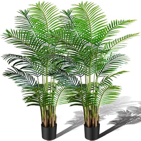 KOL 6ft 2-Pack Artificial Areca Palm Plant in Pot, Fake Tropical Cane Palm Silk Tree Indoor Outdoor, Dypsis Lutescens Plants, 70in Lifelike Faux Silk Plant Home Garden Decoration, Housewarming Gift Cover
