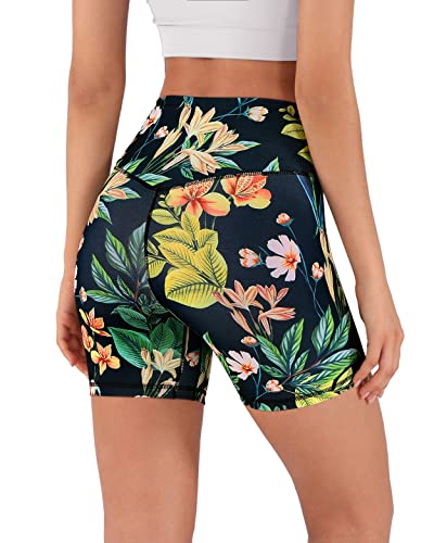 Ododos Women's 5" Crossover Yoga Shorts With Inner Pocket, High Waist Sports Athletic Workout Running Biker Shorts, Tropical Flower, Small #TOP2