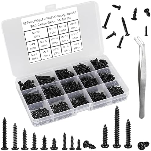 FandWay 625Pcs M2 M3 M4 Phillips Pan Head Self-Tapping Screws, Carbon Steel Round Head Tapping Screws,Black Wood Screws Assortment Set with Storage Box and 1 Tweezers.