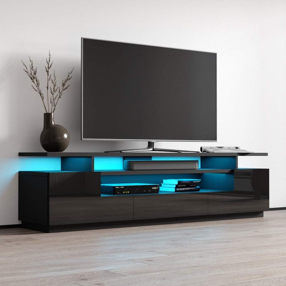 Meble Furniture Eva TV Stand for TVs up to 85" — High Gloss Entertainment Center with LED Lighting and Storage Cabinets — Black, 77" W