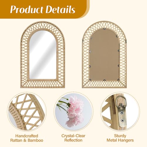 Image of Arched Rattan Wall Mirror - 24x36 Inch Boho Elegance with Woven Frame, Decorative Mirror for Bathroom Vanity Entryway Living Room
