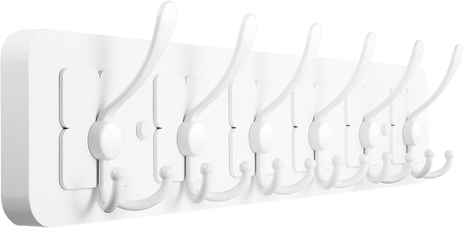 Solid Pine Wooden Wall-Mounted Coat Rack - Rustic Entryway Organizer with 6 Zinc Alloy Hooks, Space Saving Wall Coat Hanger for Jackets, Hats, Bags, Towels & Robes (White, 6 Triple Hooks) White 6 Triple Hooks