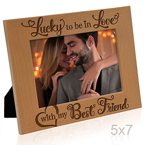 Kate Posh - Lucky To Be In Love With My Best Friend Picture Frame - Engraved Natural Wood Photo Frame - Wedding Gifts, Engagement Gifts, Christmas Gifts, Valentine's Day Gifts (5X7-Horizontal) #TOP3