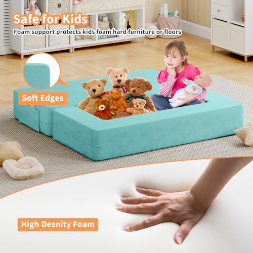 linor Modular Designed Toddler Couch, Foldable Loveseat & Two Ottoman, Fold Out Lounger, Kid Couch with Washable and Durable Covers, Sofa for Kids (Glacial Blue) - Thumbnail 3
