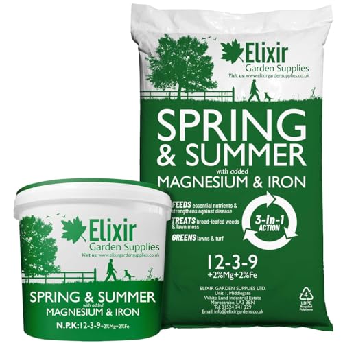 Elixir Gardens UK Spring & Summer Lawn Food/Feed & Granular Compound Turf Fertiliser with added Iron + Magnesium | 1kg-25kg Weights | NPK:12-3-9 + 2% Fe & 2% MgO | 1kg Bag Treats 40m