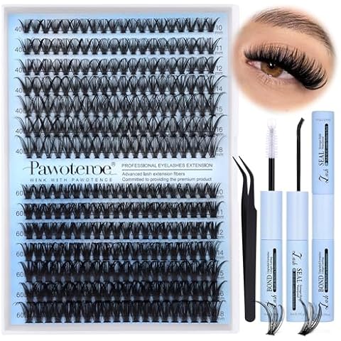 Pawotence Lash Clusters Kit 40D 60D Lash Extension Kit 10-18mm Cluster Eyelash Extension Kit Individual Lashes 280pcs Eyelash Clusters with Lash Bond and Seal, Lash Tweezers for Self Use Cover