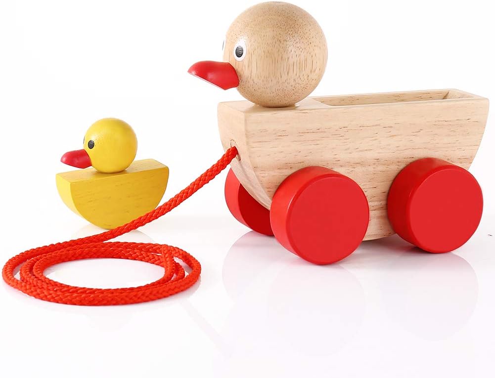 Babe Rock Pull Toy Wooden Duck Pull Along Toddler Toy for Girl Boy Age 1 Year Old Baby Learning Toy for Beginner Walkers