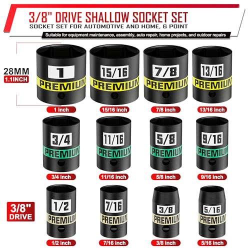 Image of 12-Piece 3 /8 inch Drive Shallow Impact Socket Set, 5 /16 to 1 inch, Semi-Deep Sockets, CR-V, Socket Set for Automotive and Home, SAE, 6 Point