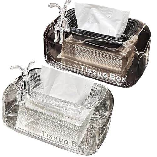 RUIYIJIU 2 Pack Tissue Box Cover Rectangle, Acrylic Self Sinking Tissue Holders Decorative Paper Organizer Dispenser for Bathroom Home Desk Living Room, 7.8X4.7X3.9''(Clear+Black)