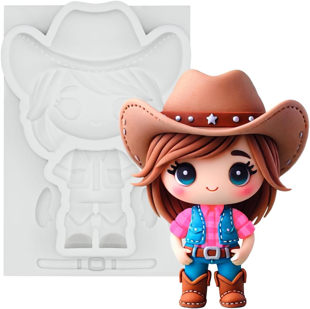 Cowgirl Fondant Silicone Mold 4" Girl for Cake Decoration, Hat Cupcake Topper, Clay Crafts