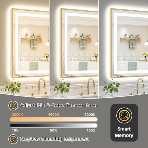 Image of 96X36 Inch LED Bathroom Mirror with Gold Frame, Backlit & Front Lit, Anti-Fog Lighted Bathroom Vanity Mirror for Wall, Memory Function, Dimmable, HD Tempered Glass, Shatter-Proof