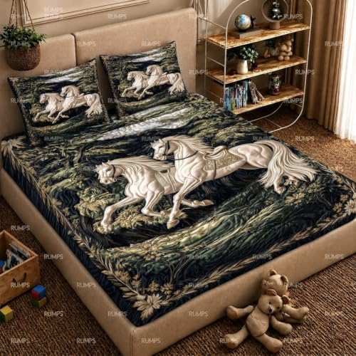 Image of RUMPS 7D HD Digital Printed White Running Horse King Size Bedsheet with 2 Pillow Covers | Premium Nature Inspired Horse Designer Bedding Set | Luxury Bedroom Decor Collection | Size 90x100 Inches