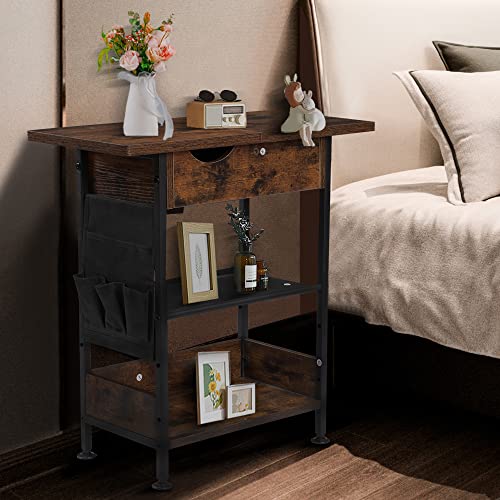 Meshdo 3-Tier End Table With Charging Station, Flip Top Side Table With Usb Ports And Outlets For Small Spaces, Nightstand With Storage Shelf And Storage Bag For Living Room, Bedroom, Rustic Brown #TOP6