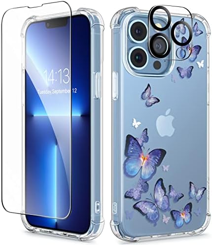 GVIEWIN for iPhone 13 Pro Case with Screen Protector & Camera Lens Protector, [10FT Military Grade Drop Protection] Clear Shockproof Slim Fit Floral Phone Case for Women Girls (Butterfly/Blue)