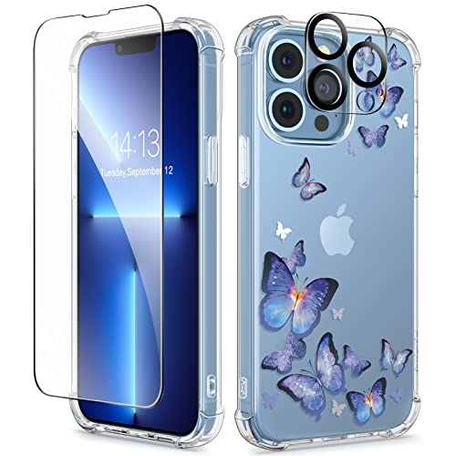 Gviewin For Iphone 13 Pro Case With Screen Protector & Camera Lens Protector, [10Ft Military Grade Drop Protection] Clear Shockproof Slim Fit Floral Phone Case For Women Girls (Butterfly/Blue) #TOP17