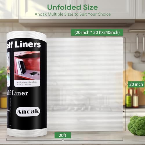 Anoak Shelf Liner Cabinet Liner, Non Adhesive Drawer Liner, Washable 20 Inch x 20 FT(240 Inch) Waterproof Durable Non-Slip Shelf Liner for Kitchen, Drawer, Refrigerator Stripe Clear