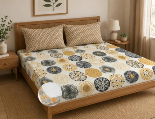 Image of NEW LEAF Premium Cotton Elastic Fitted Bedsheets with 2 King Size Pillow Covers | Double Bed with All Around Elastic 220 TC Supersoft | Size - 72 King Sizex78+10 inches | Mustard Yellow, Black