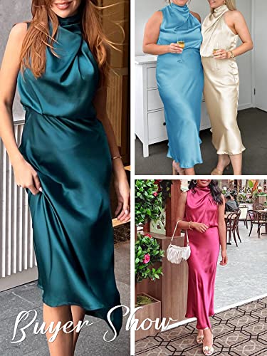 Ferlema Womens Formal Satin Dress Mock Neck Keyhole Sleeveless Wedding Guest Party Cocktail Maxi Dress Sky Blue Small #TOP5