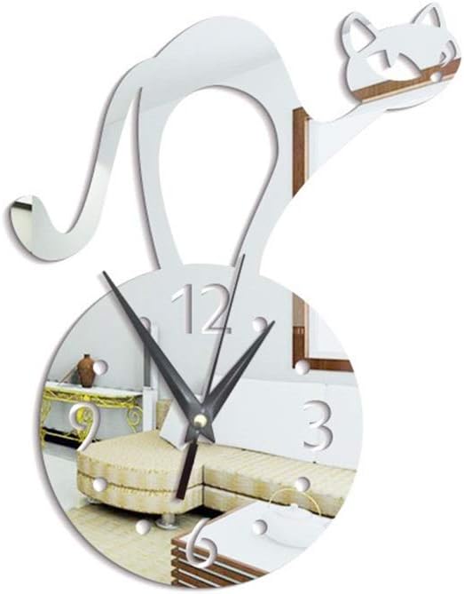 Wall Clock Background Wall Stickers Living Room Bedroom Children's Room Bell Cartoon Cat Kitten Enchanting Mirror Wall Stickers Wall Clock Bell Silver 37 * 28CM