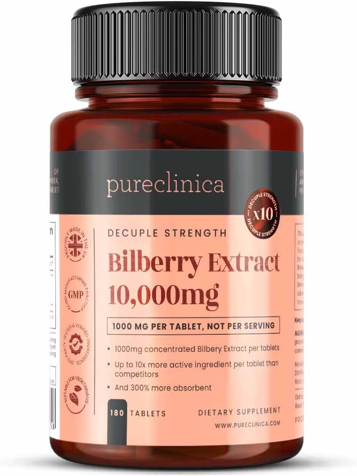 pureclinica Bilberry Extract 1000mg (10:1) per Tablet – with Black Pepper Extract – 180 Tablets – High Strength – 6 Month Supply