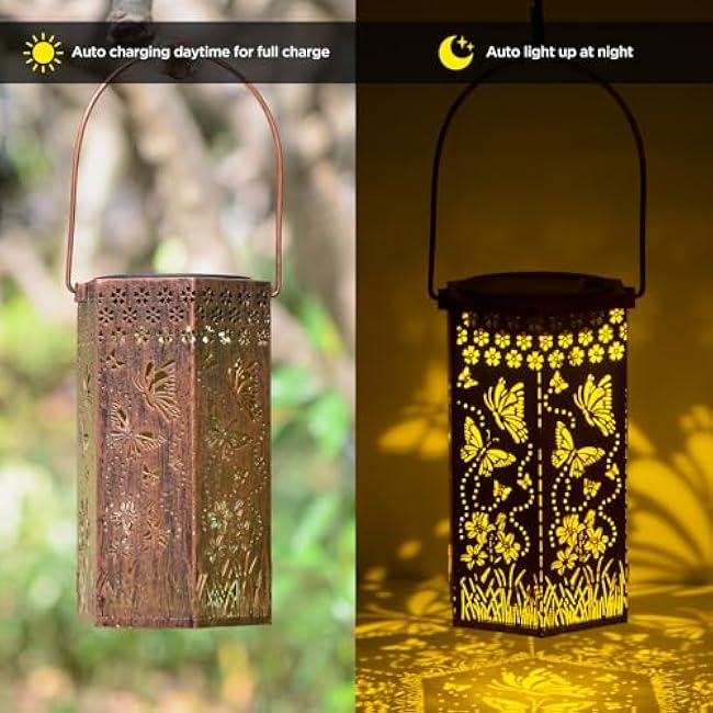 Solar Butterfly Lanterns Outdoor Hanging Lights, Gifts for Mom Dad Men Women, Hollowed-Out Metal Decor Lantern, Waterproof LED Decorative Garden Light for Patio, Yard, Pathway
