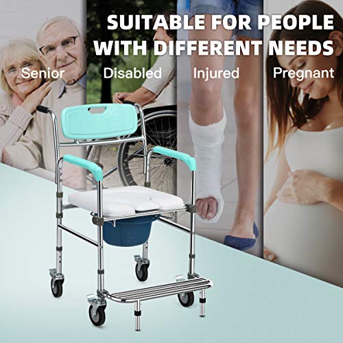 Giantex 3 In 1 Lightweight Shower Commode Wheelchair, Transport Bedside Commode With Wheels, Wheelchair Height And Pedal Adjustable, Shower Wheelchair For Elder, Disabled People (Turquoise & White) #TOP1