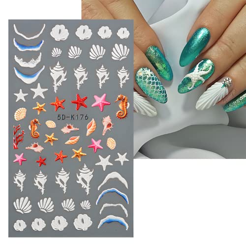 Vejia 5D Embossed Summer Nail Stickers For Nail Art, Ocean Starfish Jellyfish Sea Wave Nail Decals, Self-Adhesive Blue Engraved Marble Nail Art Supplies Acrylic Nails Decorations For Women 4 Sheets #TOP5