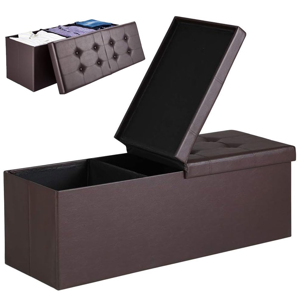 BAKAJI Baúl otomano, contenedor, reposapiés, para Dormitorio, Banco, Taburete, Estructura Plegable, Revestimiento de Piel sintética, Asiento extraíble Acolchado, tamaño 38 x 115 cm (marrón)