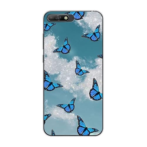 KARTXITAI Hülle Kompatibel mit Huawei Y6 2018, Stoßfeste Schutzhülle mit Weiche Silikon Bumper Hülle Handyhülle Anti-Kratzt Transparent Rückseite - Blauer Schmetterling