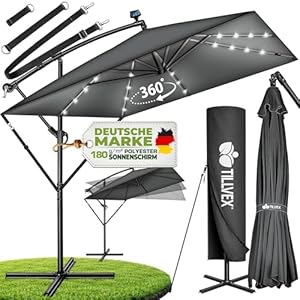 tillvex® Alu Sonnenschirm Rechteckig Ø 330 cm mit LED Solar + Abdeckung mit Kurbel | Ampelschirm mit Ständer & Windschutz | Gartenschirm UV-Schutz, wasserdicht, 360° drehbar | Kurbelschirm Marktschirm