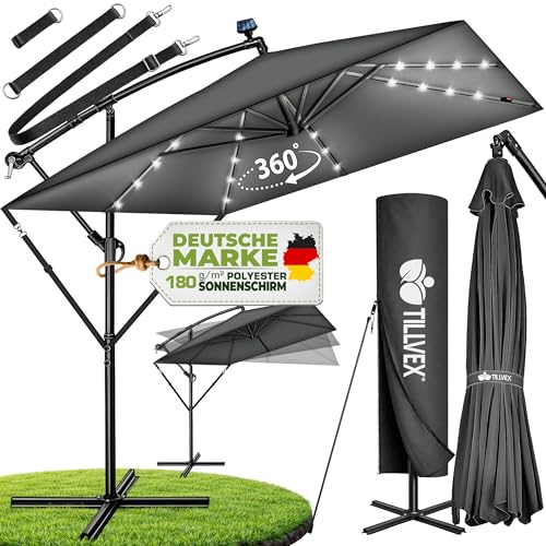 tillvex® Alu Sonnenschirm Rechteckig Ø 330 cm mit LED Solar + Abdeckung mit Kurbel | Ampelschirm mit Ständer & Windschutz | Gartenschirm UV-Schutz, wasserdicht, 360° drehbar | Kurbelschirm Marktschirm