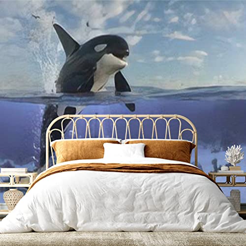 3D Wall Murals Removable Wallpaper Peel And Stick Modern Wall Stickers Killer Whale Orca Is Jumping Out Of Water While Half Of It Is In Wall Paper For Living Room Bedroom Wall Decor #TOP1