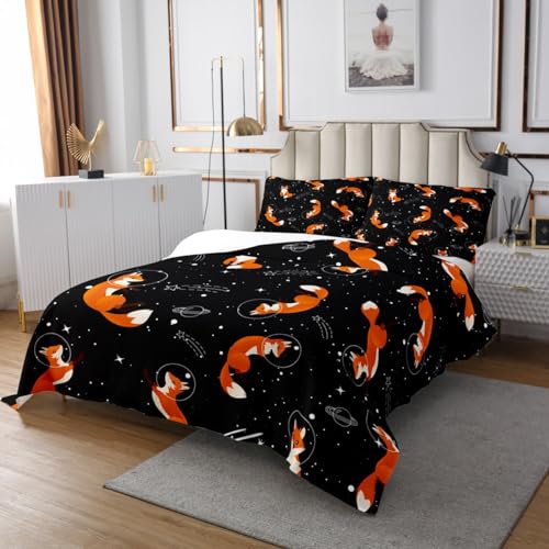 Cute Fox Pattern Lightweight Quilt Set for Kids Teens,Outer Space Bedspread Coverlet,Galaxy Planet Bed Cover Orange Fox Bedding Set Decorative Quilted 2 Piece Coverlet Set with 1 Pillow Sham,Twin Size