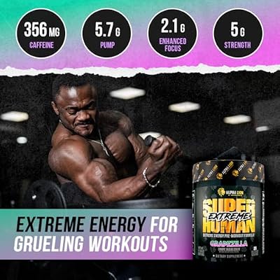 ALPHA LION Superhuman Extreme High Stim Pre Workout Powder, Beta Alanine, L-Taurine & 356mg Tri-Source Caffeine for Sustained Energy, Nitric Oxide & Citrulline for Pump (21 Servings, Grape Flavor)