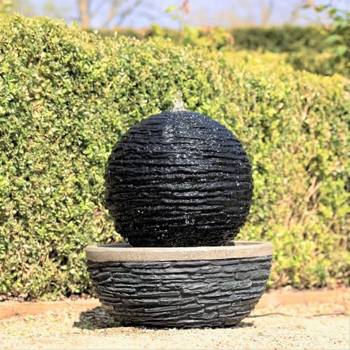 Primrose H42cm Marvao Slate Effect Sphere Water Feature With Lights Outdoor Garden Fountain